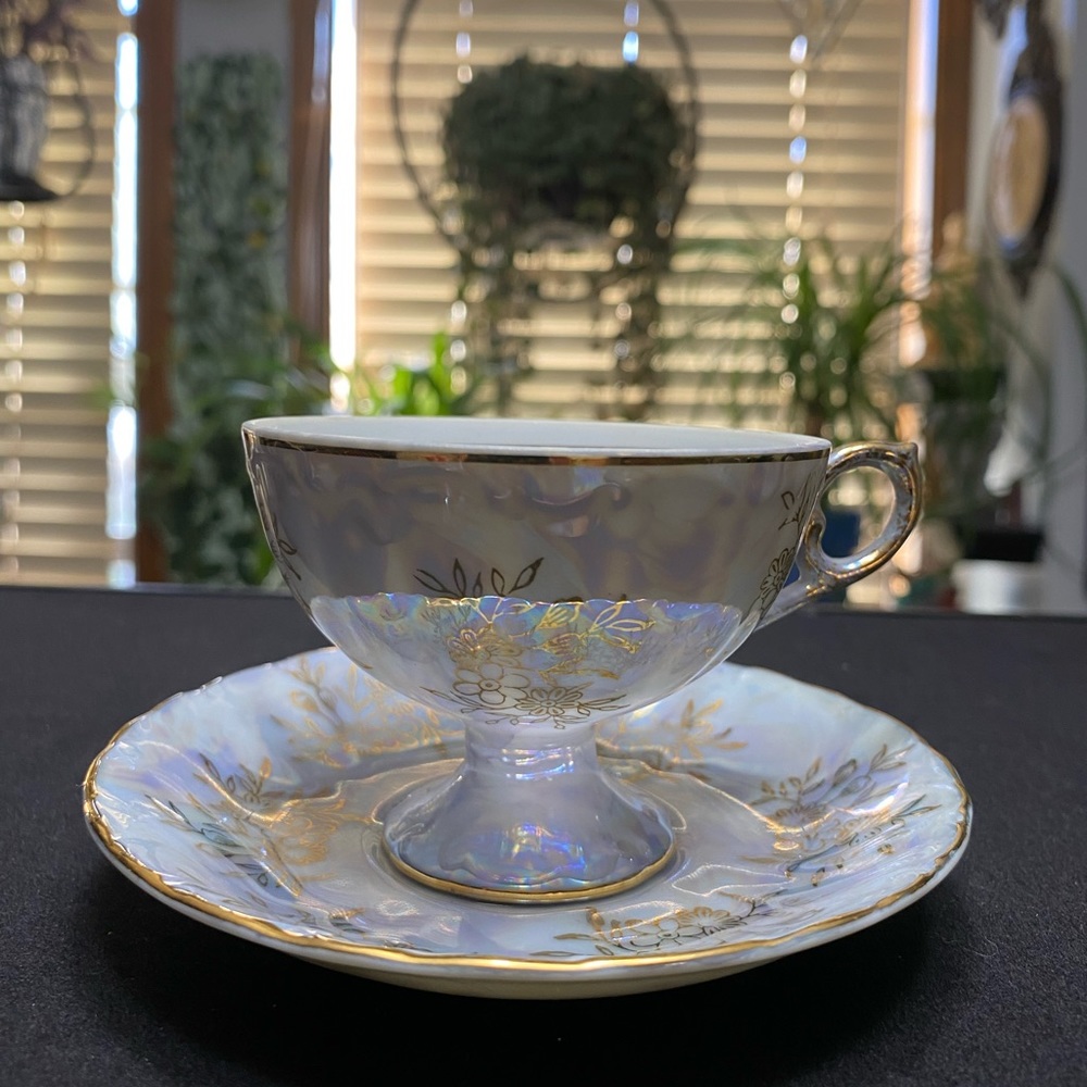 Vintage Made In Japan Tea Cup & Saucer Pearl White with Gold Trim
